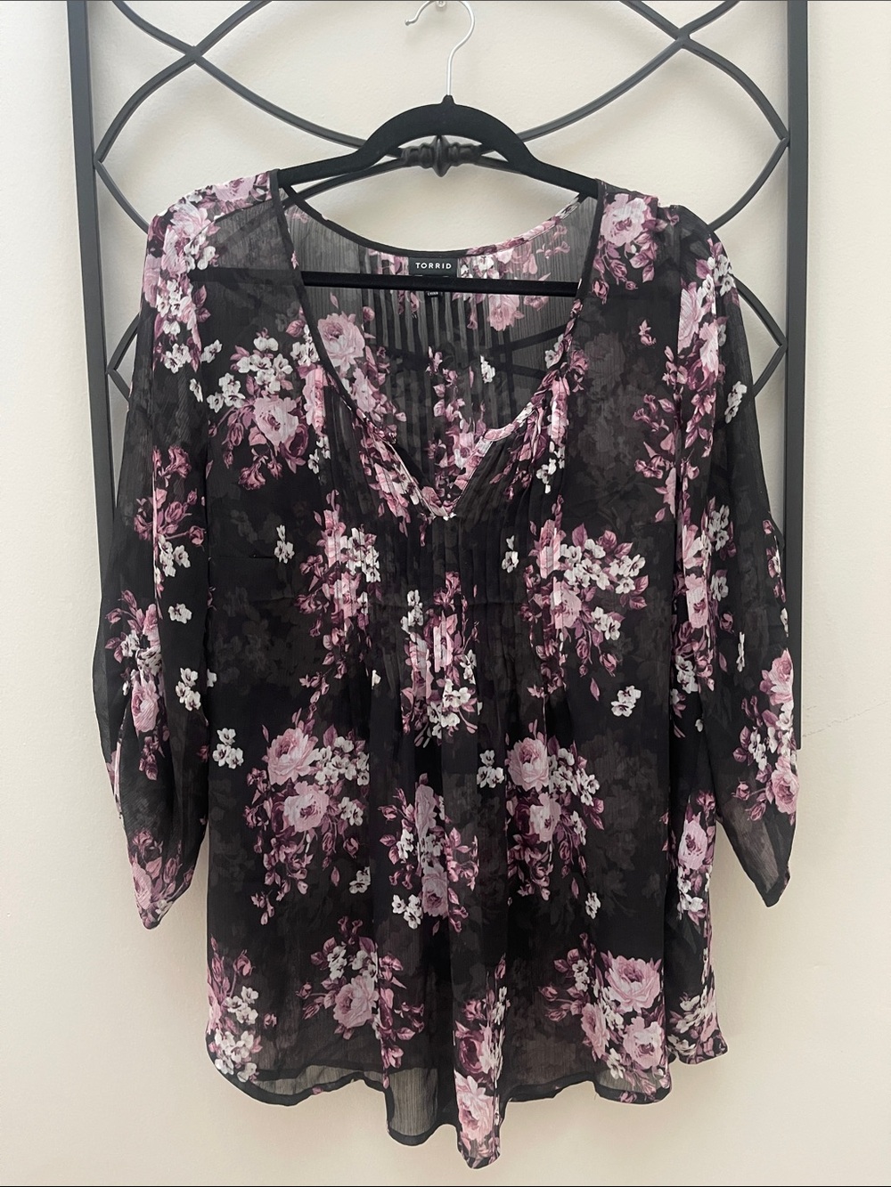 Torrid Black Floral V-Neck Sheer Peasant Blouse